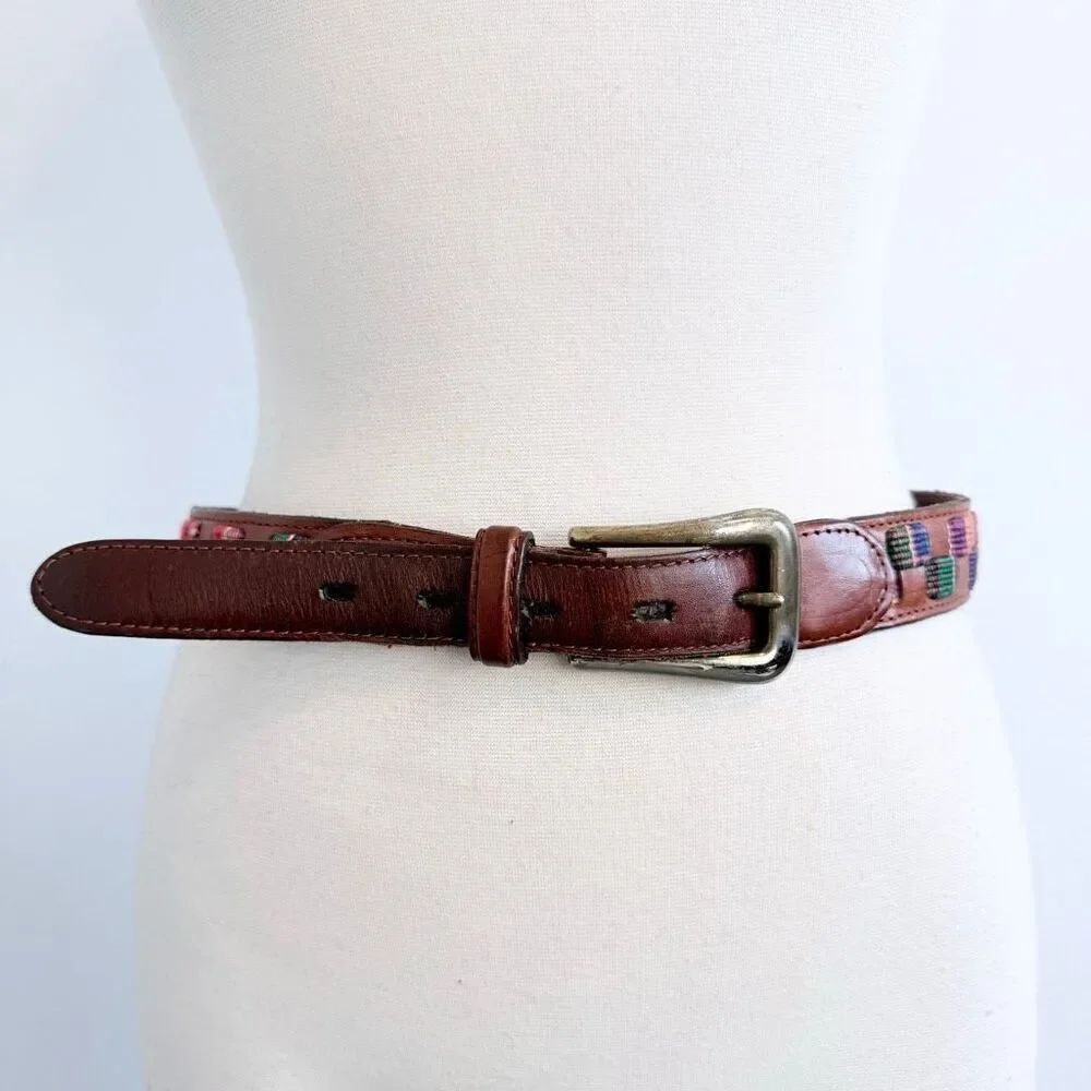 Fossil Brown Leather Stitched Belt Buckle Stripe Western